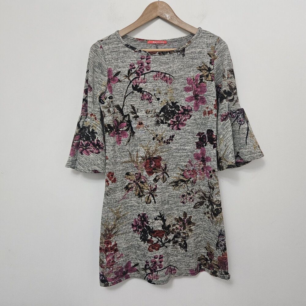 PAOLINO Women's Gray Floral Bell Sleeves Short Casual Dress Size S